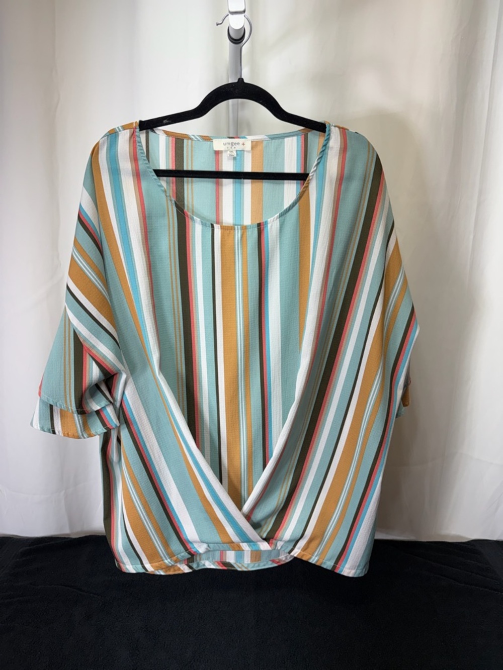 Umgee Multi-Stripe Mint, Mustard & White Short Sleeve Faux-Wrap Top 2534